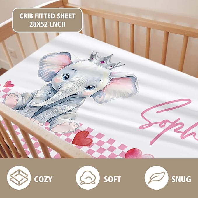 Custom Name Crib Bedding Set - Elephant Theme, Personalized Pink Checkered Nursery Bedding 3-Piece Set– Soft Blanket, Fitted Sheet, Changing Pad Cover – for Newborns Girls Nursery Gifts-CubbioJoy