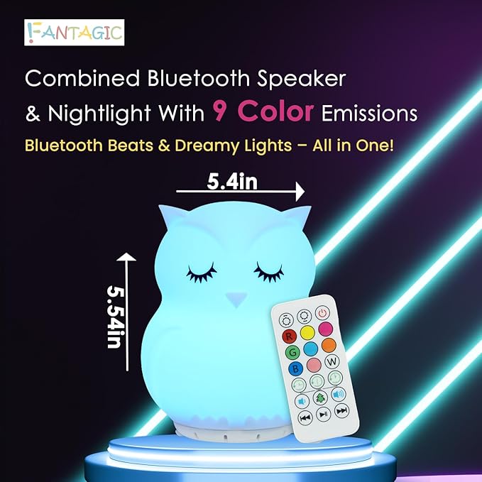Combined Bluetooth Speaker & Nightlight With 9 Color Emissions, Child Friendly Silicone & BPA Free, USB Recharging, Receives Audio From Computer, Phone Or Tablet, and includes Remote Control (Owl)-CubbioJoy