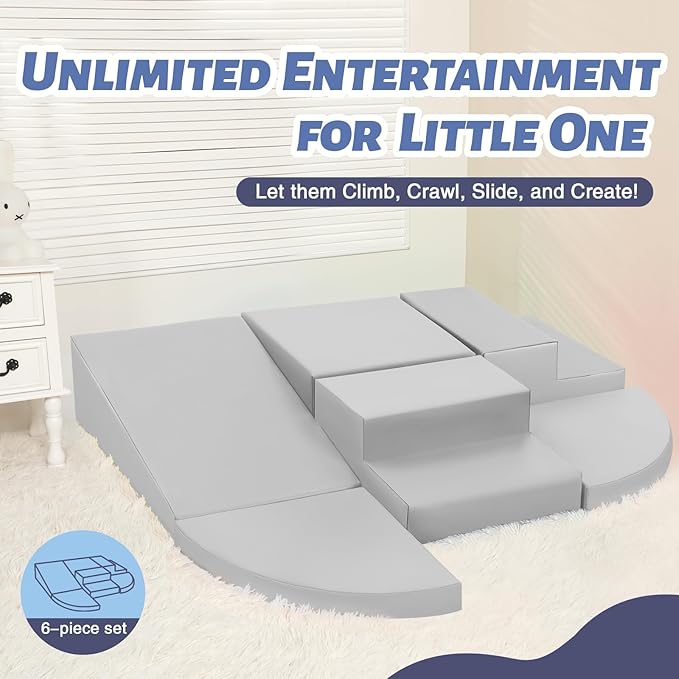 6-Piece Soft PU Leather Toddlers Climbing Toys, Baby Foam Climbing Blocks for Kids 3, Baby Climbing Structures Play Gym for Toddlers, Indoor Climb and Crawl Activity Play Set-CubbioJoy