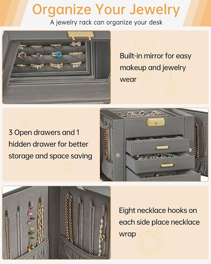 AKOZLIN 4-Tier Jewelry Box Leather Jewelry Storage Organizer with 3 Drawers Lockable for Women Girls Ring Necklace Earring Bracelet Holder with Mirror Dark Grey-CubbioJoy