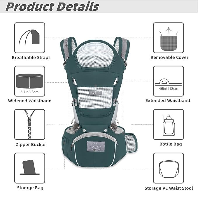 Baby Carrier Ergonomic Infant Carrier with Hip Seat Kangaroo Bag Soft Baby Carrier Newborn to Toddler 7-45lbs Front and Back Baby Holder Carrier for Men/Women Dad Mom-CubbioJoy