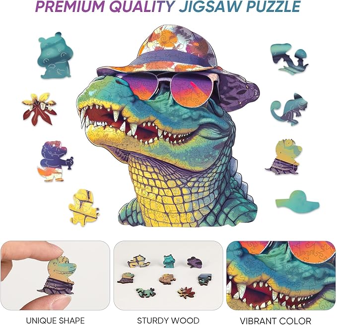 Cool Wooden Puzzle for Adults 500 Piece, Glasses Crocodile Wooden Jigsaw Puzzles, Beautiful Wooden Puzzle with Box Birthday Gifts for Adults and Kids Family Game(16 * 17.6in)-CubbioJoy