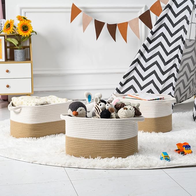 Cotton Rope Woven Storage Basket, Used for Baby Hamper Toy Organizer, Gift Baskets Empty,Kids Laundry Basket,Baby Blanket Storage. Size 15x10x8.7 Inches. (White&Khaki-3PCS)-CubbioJoy
