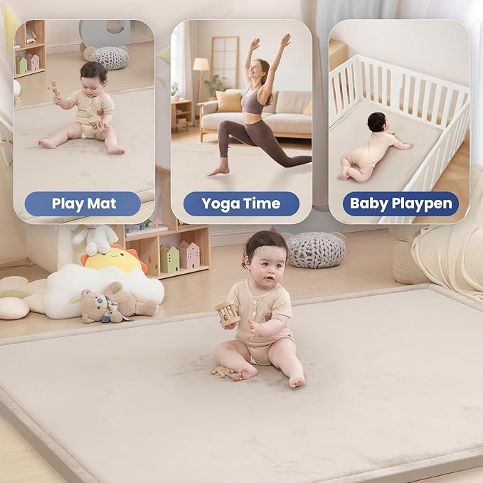 Baby Play Mat for Floor,1.3" Thick Memory foam Tummy Time Mat,Soft Coral Velvet Nursery Rug,Extra Large Non Slip for Crawling,Toddlers,Infants,kids,Tatami Style for Living Room(Beige)-CubbioJoy