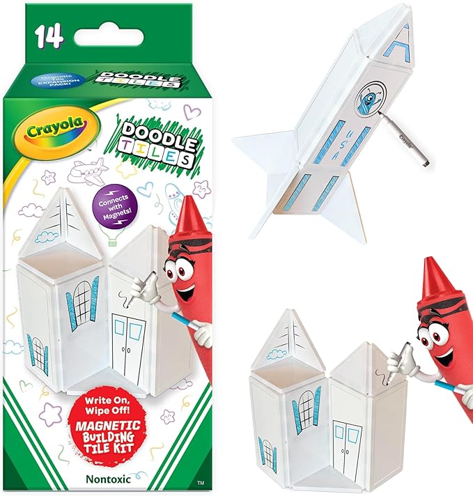 CreateOn Crayola Doodle Magnetic Tiles, Building Set for Kids, Magnetic Building Toys for Kids, STEM Travel Toys for Boys and Girls Ages 3+, 14-Piece Set (Doodle)-CubbioJoy