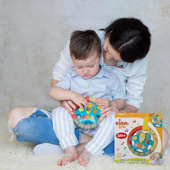 KiddoLab Steering Wheel Toy with Music,Lights,Sounds & Flip Up Mirror - Crib & Stroller Toys with Soft Fabric and Velcro Tap for Easy Attachment. Car Seat Toys for Babies and Toddlers. Ages 3 Months+-CubbioJoy