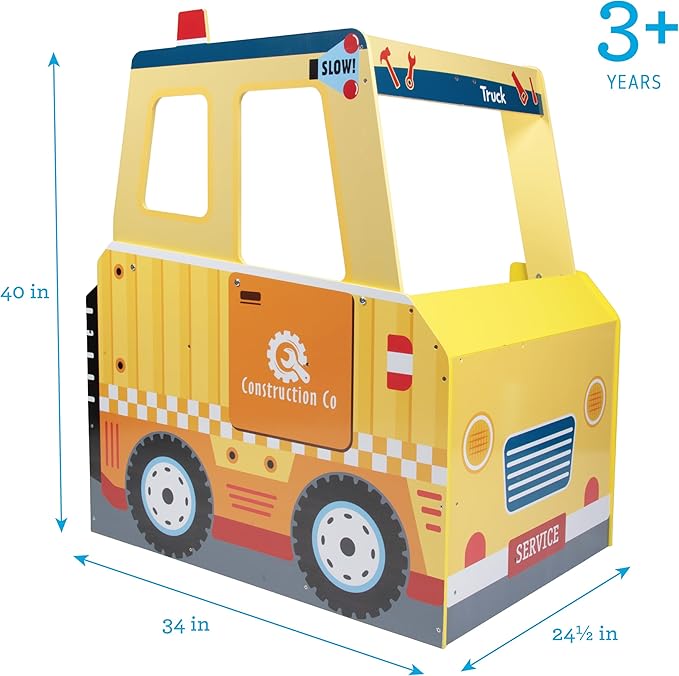 Construction Truck Wooden Playset w 60+ Toy Pieces- Pretend Hammer Saw Bolts & Screws- Spinning Turn Saw, Steering Wheel, Wood to Pull Apart- Dual Sided Play Stand Center, Workbench Building Kids Gift-CubbioJoy