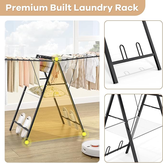 APEXCHASER Foldable Clothes Drying Rack, Metal Laundry Drying Rack Collapsible, Ultra Thin Clothes Rack for Sweater Bra Towel for Indoor & Outdoor Use, Height Adjustable Gullwing Clothes Airer, Black-CubbioJoy