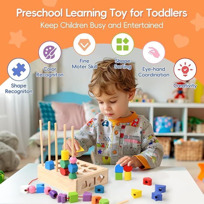 3 in 1 Wooden Color Sorting Stacking Toys, Montessori Toys Geometric Shape Sorter Matching Lacing Beads Sequencing Toy Set Preschool Learning Fine Motor Skills for Toddlers 3 4 5 Years-CubbioJoy