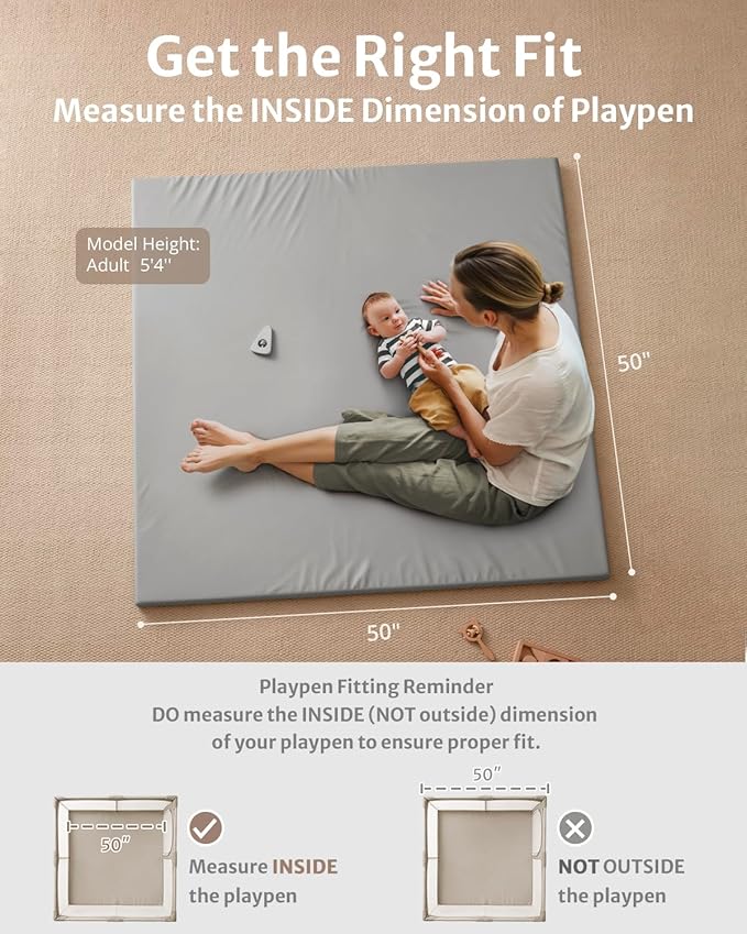 Blissful Diary Vegan Leather Baby Play Mat, 50x50 Thicken Foam Cushioned & Waterproof Playpen Mat for Infants and Toddlers, Stylish and Just Wipe-Clean Playmat for Baby Play on Floor, Light Gray-CubbioJoy