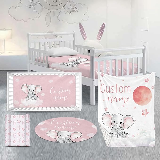 Custom Nursery Crib Bedding Set: Personalized Name 4 Piece Starry Sky Elephant Design Baby Crib Sets for Girls - Toddler Double Layer Blanket Set, Comfortable Crib Bed Sheets for Baby Toddlers-CubbioJoy