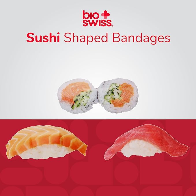 BioSwiss Bandages, Sushi Shaped Self Adhesive Bandage, Latex Free Sterile Wound Care, Fun First Aid Kit Supplies for Kids and Adults, 24 Count-CubbioJoy