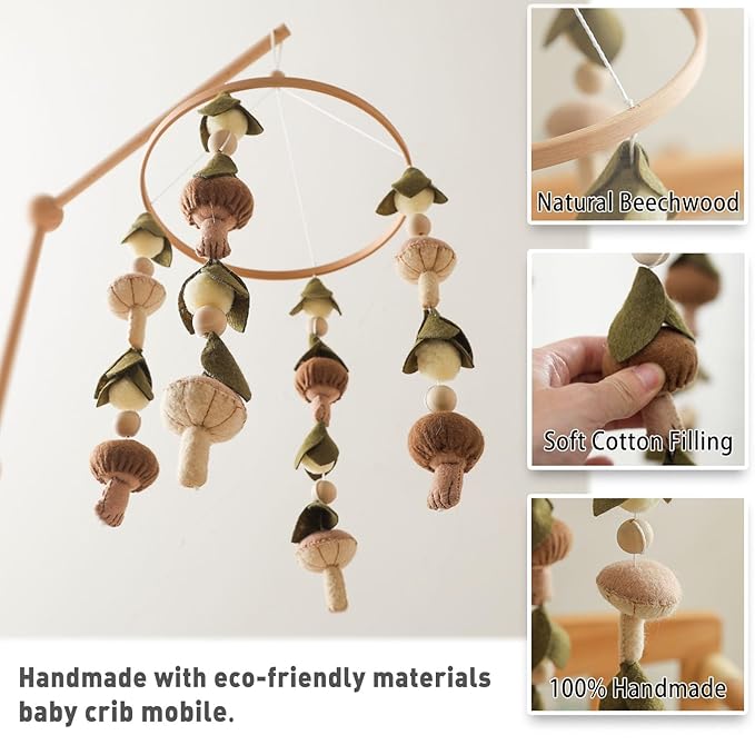 Baby Mobile for Crib,Crib Mobile for Boys Girls, Soft Crib Toys Hanging，Baby Mobile for Bassinet，Boho Nursery Decor Neutral（Mushroom，Leaves,Cotton）-CubbioJoy