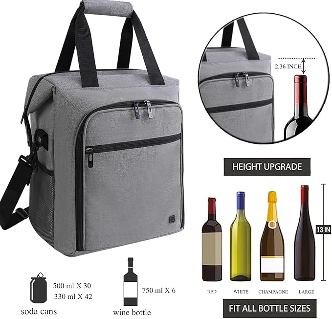 ALLCAMP 6 Bottle Wine Gift Bag - Insulated Tote Cooler, Adjustable Strap, Includes 6 Wine Glasses, Napkins & Corkscrew, Portable Travel Gifting(Gray)-CubbioJoy