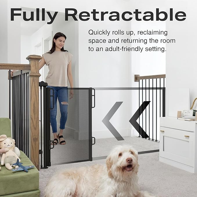 Cumbor 76" Extra Wide Retractable Gates for Stairs, Mesh Dog Gate for The House, 34" Tall Extra Wide Pet Gate for Dogs, Long Safety Gates for Doorways, Hallways, Indoor/Outdoor(Black)-CubbioJoy