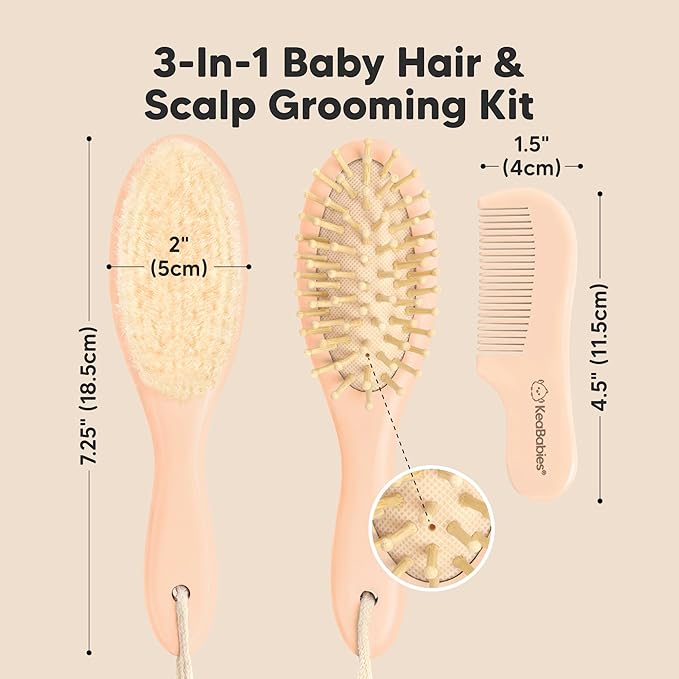 Baby Hair Brush and Comb Set for Newborn - Wooden Baby Hair Brush Set with Soft Goat Bristle, Baby Brush Set for Newborns, Baby Brush and Comb Set Girl, Boy, Toddler Cradle Cap Brush (Oval, Peach)-CubbioJoy