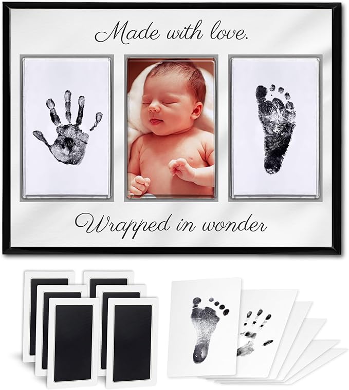 Baby Hand and Footprint Kit with Photo & Birth Details, Inkless Hand and Footprint Kit, Newborn Keepsake Plaque, Baby Shower Gifts (STYLE 2 (Baby Shower) (Made With Love))-CubbioJoy