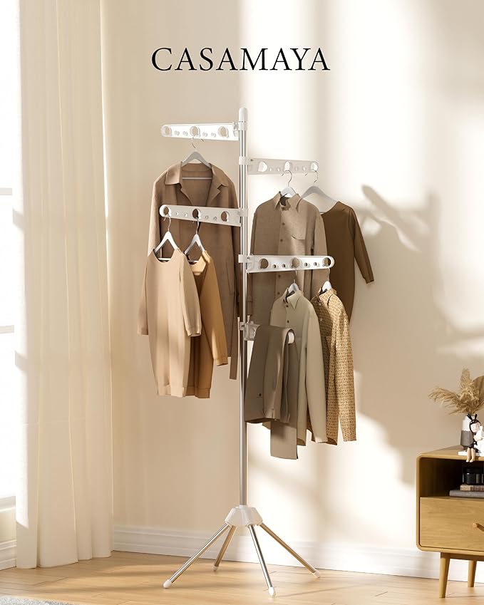 Clothes Drying Rack Foldable, 70.9 inch Tripod Drying Rack for 35 Pieces of Clothes, with Height-Adjustable Rotatable Clothes Rails, Space Saving, Stainless Steel, White and Silver CDR005W01-CubbioJoy