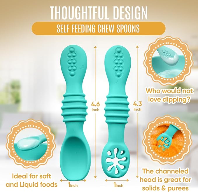 4pc Silicone Baby Spoons Self Feeding Baby Utensils 6-12 Months - 3 Baby Spoon - 1 Baby Fork - Toddler Cutlery Set - BPA Free, Dishwasher Safe - Baby Eating Essentials (Turquoise/Pickle)-CubbioJoy