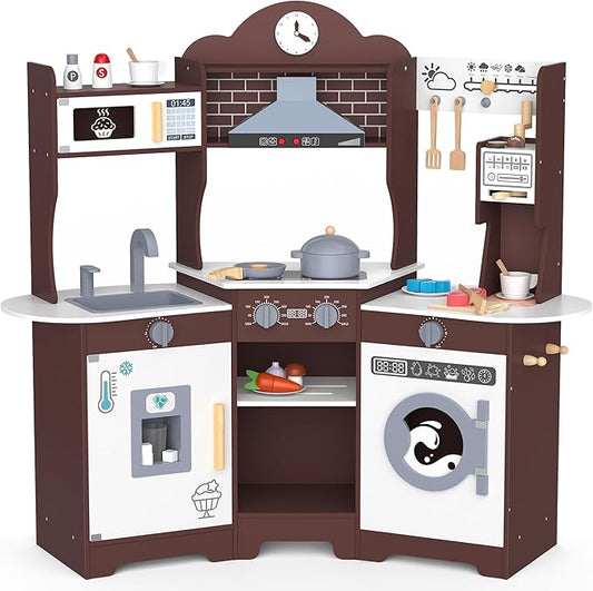 ANPABO Play Kitchen for Kids, Wooden Kitchen Playset w/Real Lights & Sounds, Coffee & Ice Maker, Microwave, Stove, 30Pcs Accessories Include Play Food, Pretend Play Set for Boys & Girls, Espresso-CubbioJoy