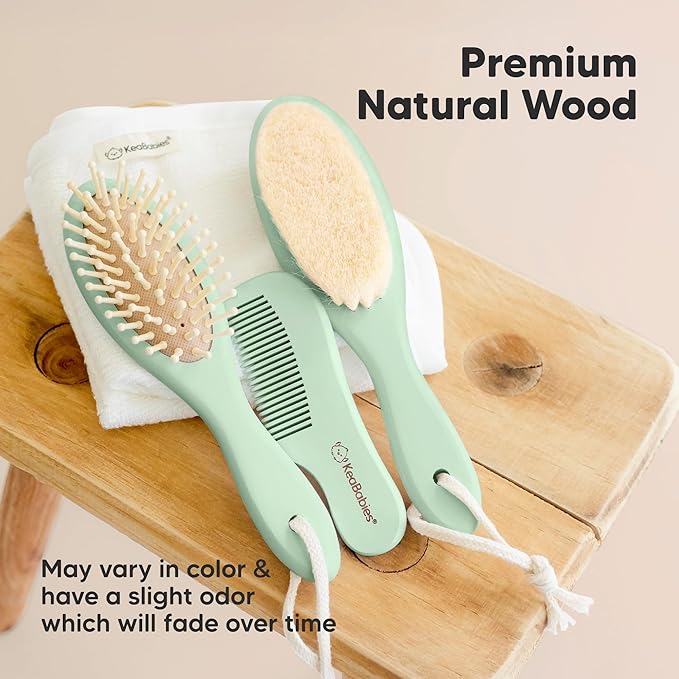 Baby Hair Brush and Comb Set for Newborn - Wooden Baby Hair Brush Set with Soft Goat Bristle, Baby Brush Set for Newborns, Baby Brush and Comb Set Girl, Boy, Toddler Cradle Cap Brush (Oval, Sage)-CubbioJoy