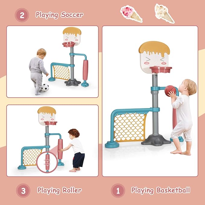 Costzon 3-in-1 Toddler Basketball Hoop & Soccer Goal Stand, Basketball Stand with Adjustable Height, Indoor & Outdoor Activity Center Basketball & Soccer for Kids-CubbioJoy