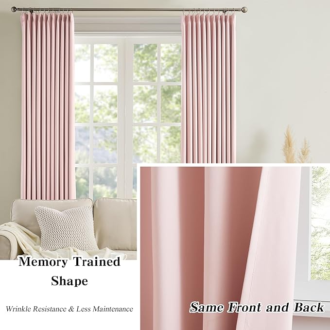 KEQIAOSUOCAI Pinch Pleated Curtains 108 Inches Long, Energy Saving Window Treatment Privacy Drapery for Living Room, Vertical Track System Elegant Hook Panels(Baby Pink, 2 Pieces, W40 x L108)-CubbioJoy