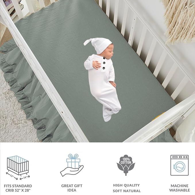 Brandream Gender Neutral Boho Bohemian Baby Girl Boy Nursery 3 Pieces Crib Bedding Set Solid Green Farmhouse Chic Ruffle Unisex Cozy 100% Washed Cotton-CubbioJoy