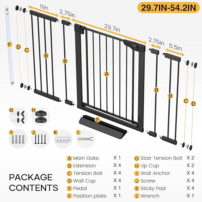 Cumbor 36" Extra Tall Baby Gate for Stairs, 29.7-54.2" Extra Wide Dog Gate for Doorways Hallways, Pressure Mounted Child Gate for Wide Opening, Auto Close Personal Safety for Babies and Pets, Black-CubbioJoy