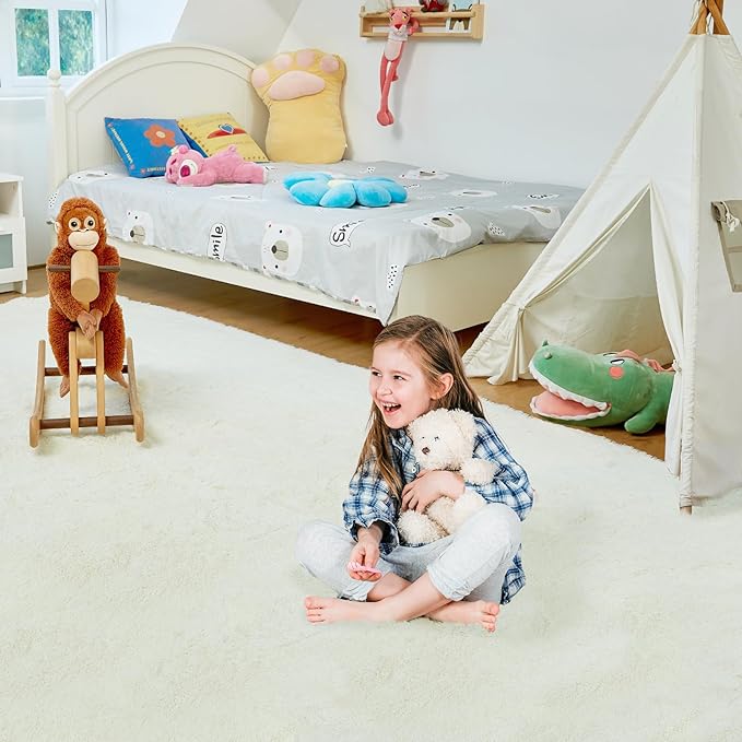 5X8 Ultra Soft Rug for Living Room, Fluffy Shag Area Rug for Bedroom, Modern Shaggy Carpets Fuzzy Rug for Teens Dorm Nursery Home Decor Aesthetic, Upgrade Anti-Skid Durable, Cream White-CubbioJoy