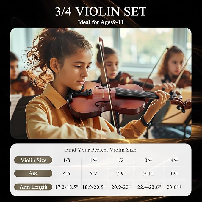 3/4 Violin Kit, Beginner Violin for Kids, Students, Complete Kids Violins Set with Case, Bow, Rosin, Ideal for Kids Violinss Beginner Ages 9-12, Brown-CubbioJoy