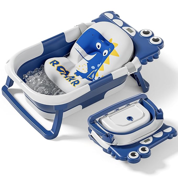 Collapsible Baby Bathtub for Newborn, Foldable Baby Bath Tub with Thermometer & Soft Floating Cushion & Drain Hole, Portable Travel Infant Bath Tubs for Newborns to Toddlers 0-36 Months Boy,NavyBlue-CubbioJoy