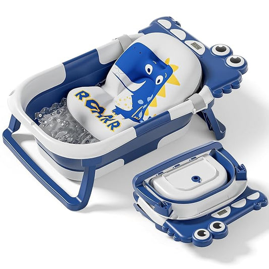 Collapsible Baby Bathtub for Newborn, Foldable Baby Bath Tub with Thermometer & Soft Floating Cushion & Drain Hole, Portable Travel Infant Bath Tubs for Newborns to Toddlers 0-36 Months Boy,NavyBlue-CubbioJoy