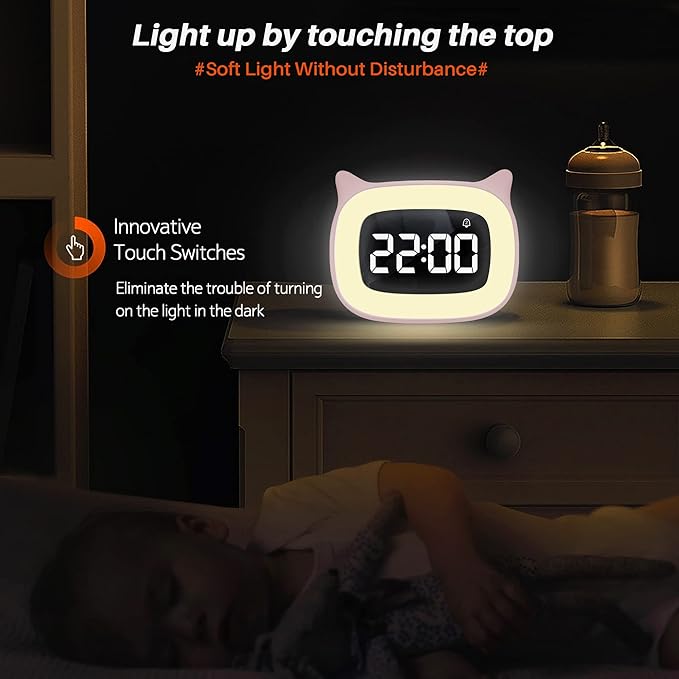 Kids Alarm Clock with Night Light & 18 Ringtones,Rechargeable,Cute Cat Ear Clock for Boys Girls Birthday Presents,Digital Clock for Children's Bedroom(Pink)-CubbioJoy