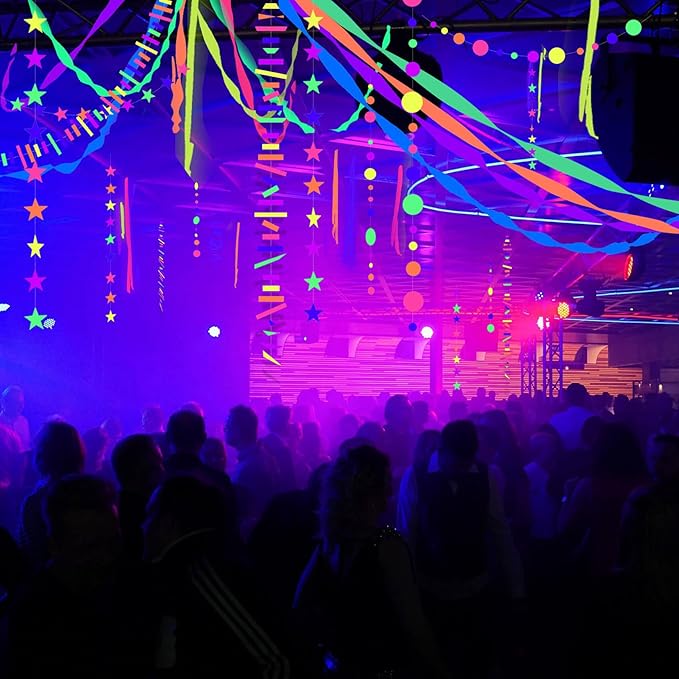 700ft Neon Paper Garland Glow in Dark Paper Streamers UV Reactive Round Dot Star Kit Banners for Neon Party Supplies, Wedding Decorations, Birthday Parties-CubbioJoy