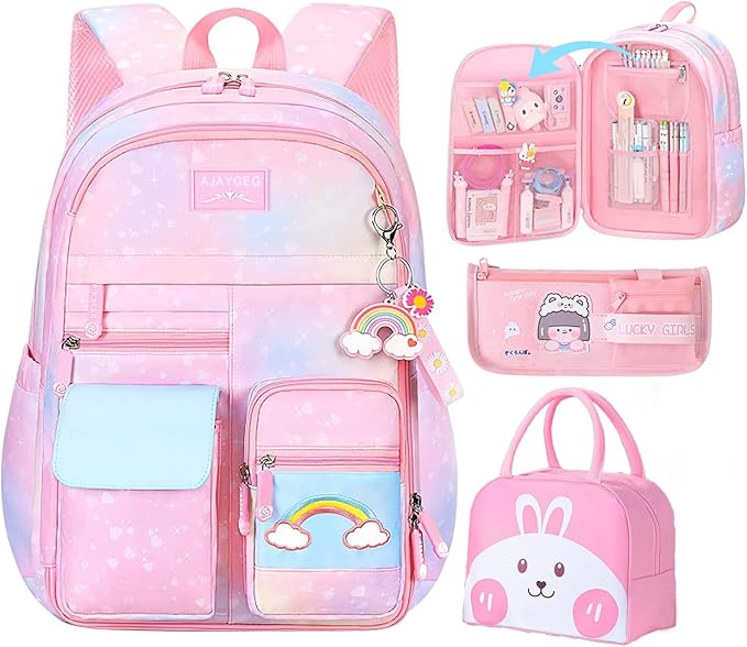 Kawaii Backpack, Pink Backpack for Girls, Kid Starry Rainbow Bookbag, Cute Backpack for Kids, Aesthetic Backpack, Pink(3 PCS Set)-CubbioJoy