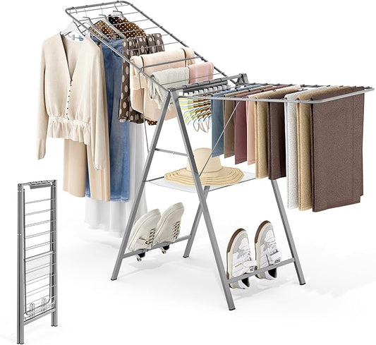 APEXCHASER Drying Rack Clothing, Clothes Drying Rack Foldable, Metal Laundry Drying Rack Collapsible for Sweater Towel Indoor & Outdoor, Height Adjustable Gullwing Clothes Airer, Grey-CubbioJoy
