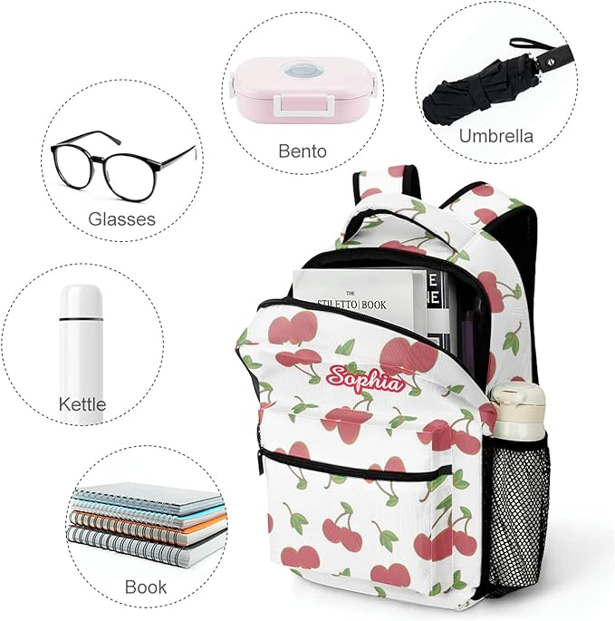 Cherry Pattern Custom Kids Backpack 16.5 Inch for Boy Girl, Personalized Waterproof Child School Travel Bag with Name-CubbioJoy