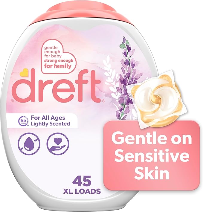 Dreft Laundry Detergent Pacs, Lightly Scented, Lavender, HE Compatible, For Baby and Family, XL Pacs, 45 Count-CubbioJoy