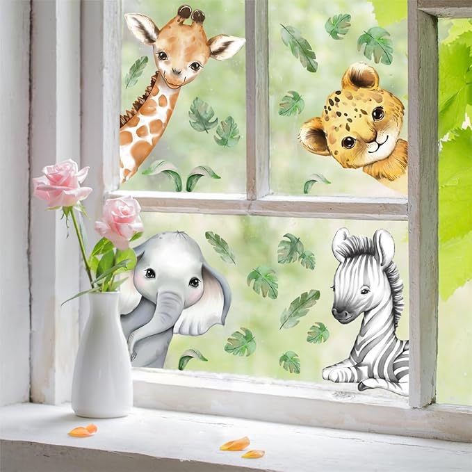 22.44 x 21.25 Inch Watercolor Jungle Animal Window Clings Tiger Lion Elephant Zebra Window Stickers Double-Side Safari Animal Window Stickers for Baby Nursery Playroom Bedroom Window Glass Wall Decor-CubbioJoy