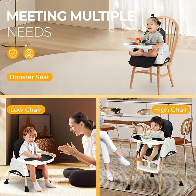 3 in 1 High Chairs, Convertible High Chair for Babies and Toddlers, High Chair with Foot Rest and Double Tray, Compact and Versatile, for Growing Kids, Black-CubbioJoy