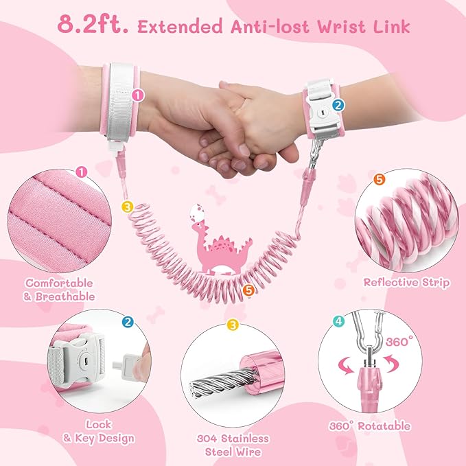 Dr.meter 3 in 1 Toddler Harness Leash + 8.2ft Anti Lost Wrist Link, Cute Dinosaur Kids Anti Lost Leash with Key Lock, Child Walking Harness for Parent Boys Girls Keep Kids Close, Travel Essensials-CubbioJoy