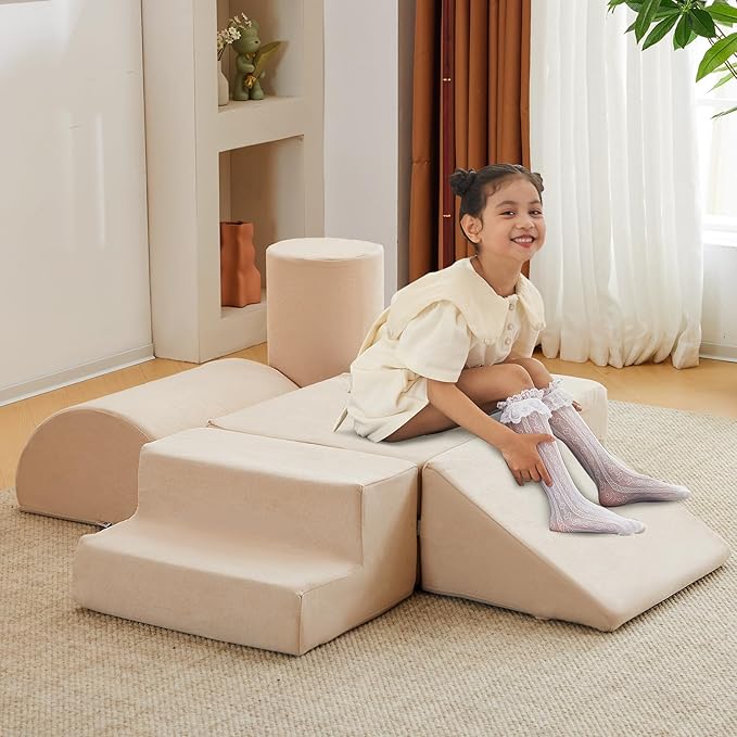 jela Foam Blocks 6Pcs Soft Play Equipment Luxury Miss Fabric, Toddler Climbing Toys Indoor Soft Play Climbing for Toddlers, Lightweight Climbing Blocks for Babies, Kids, Climb and Crawl Foam Playset-CubbioJoy