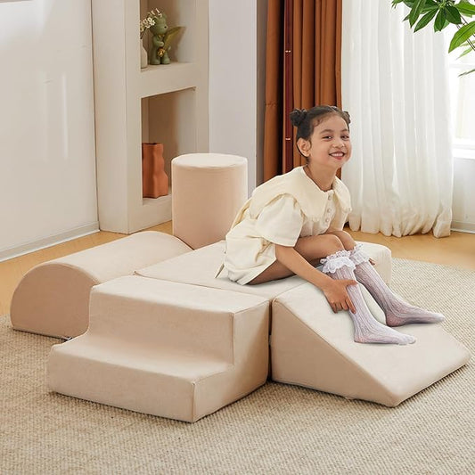 jela Foam Blocks 6Pcs Soft Play Equipment Luxury Miss Fabric, Toddler Climbing Toys Indoor Soft Play Climbing for Toddlers, Lightweight Climbing Blocks for Babies, Kids, Climb and Crawl Foam Playset-CubbioJoy