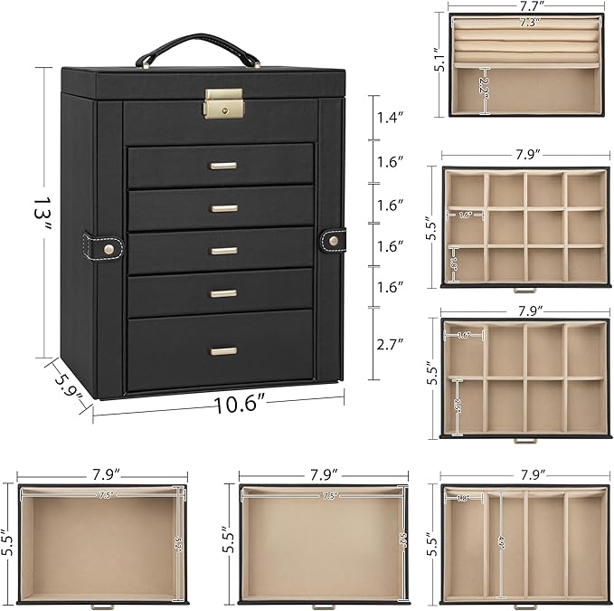 AKOZLIN Large 6-Tier Jewelry Box Lockable Leather Jewelry Storage Case with 5 Drawers for Women Girls Ring Necklace Earring Bracelet Holder Organizer with Mirror-CubbioJoy