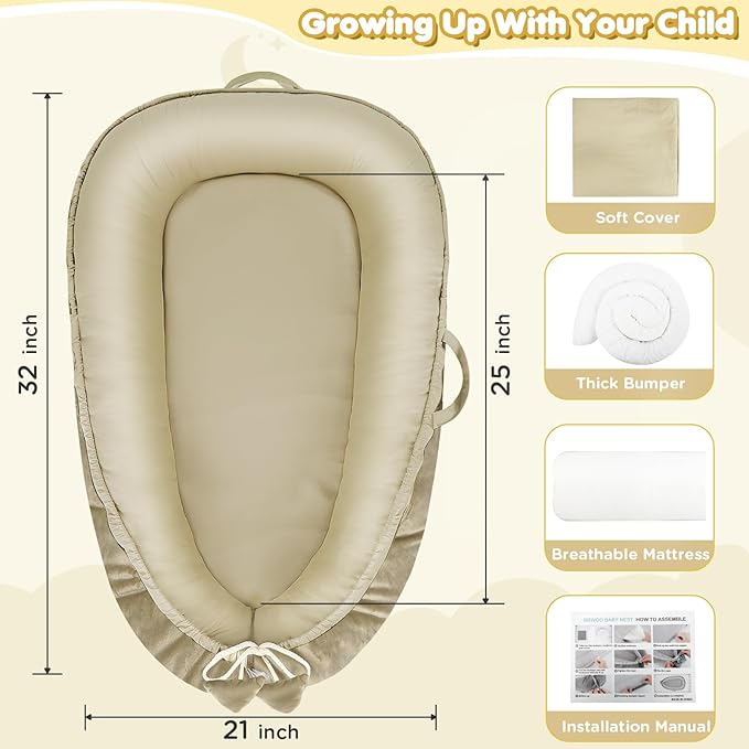 Baby Lounger - Baby Lounger for Newborn 0-24 Months, Breathable & Soft Cotton and Velvet Cover Baby Nest, Portable Tummy Time Lounger for Home and Travel, Ideal Baby Essentials & Shower Gifts-CubbioJoy