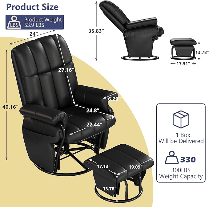 AODAILIHB Swivel Glider Recliner with Ottoman, 360 Rocking Chair with Foot Rest Recliner Chair Indoor Rocking Chair with Side Pockets Nursery Chairs for Living Room, Bedroom, Office (Black)-CubbioJoy