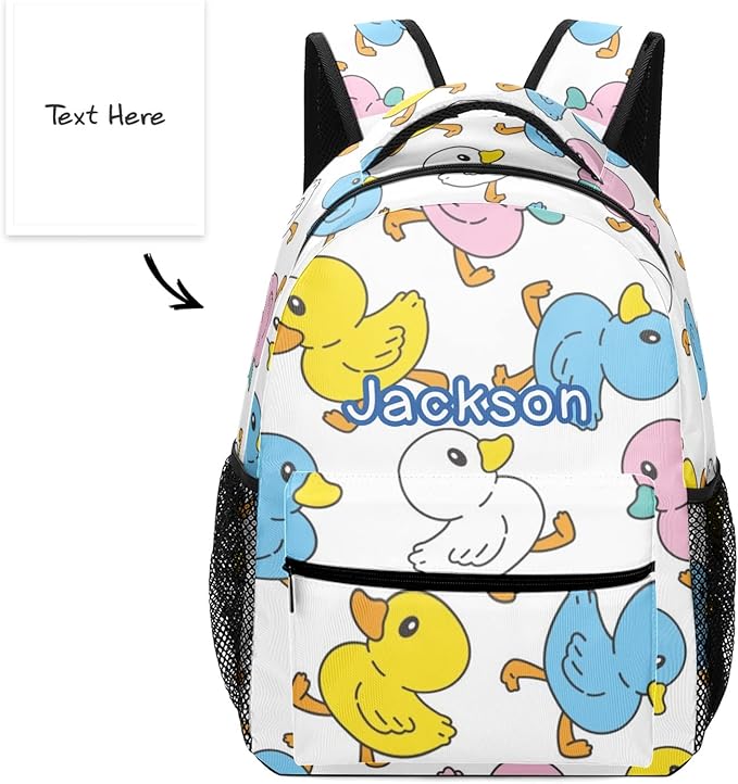 Duck Cartoon Doodle Custom Kids Backpack for Boy Girl, Personalized Waterproof Child School Travel Bag with Name, 16.5’’ X 12.2’’ X 5.9’’-CubbioJoy