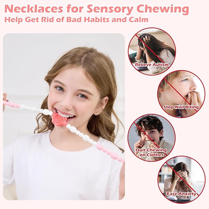 Chew Necklaces for Sensory Kids Adults, Flower Chewy Necklace Sensory Toys for Autism Nail Biting Anxiety, Fidget Necklace Oral Chew Toys, ADHD Tools for Boys Girls-CubbioJoy