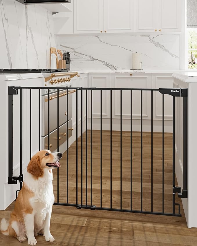 Cumbor 34" Extra Tall No Bottom Bar Baby Gate for Stairs, Auto Close Dog Gate Indoor for Larger Pets, 31.6-48" Hardware Mounted Safety Gate for Doorways, Wide Walk Thru Door for Easy Access (Black)-CubbioJoy